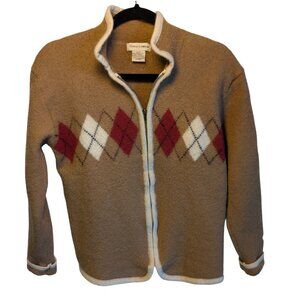 RARE Vintage 100% Wool  Camel Tan w/ Cream Trim Argyle Zip Cardigan | Size S/M
